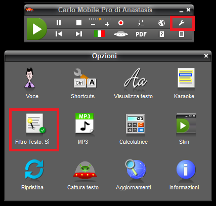 Nel pannello Opzioni di Carlo Mobile Pro la quinta voce è Filtro Testo