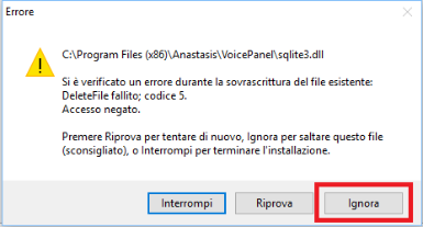 Finestra di errore sqlite: ignora