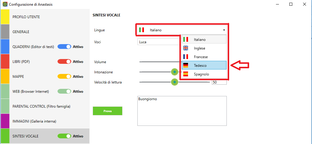 Pannello di configurazione della sintesi vocale con GECO: imposta le lingue