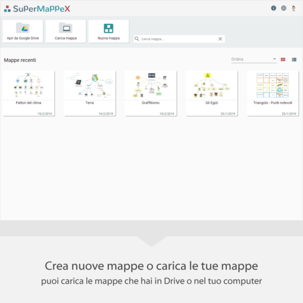 Crea nuove mappe o carica le tue mappe: Puoi caricare le mappe che hai in Drive o nel tuo computer