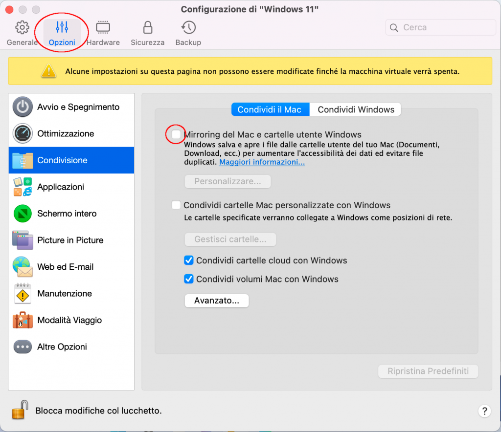Nella finestra "Configurazione di Windows 11" selezionare "Opzioni", quindi "Condivisione", selezionare la tab "Condividi il Mac" e deselezionare "Mirroring del Mac e cartelle utente Windows"