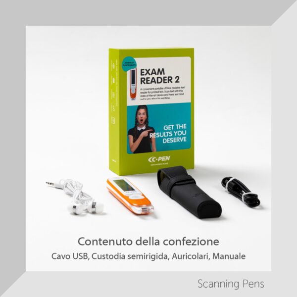 Contenuto della confezione di C-Pen Exam Reader 2: Cavo USB, Custodia semirigida, auricolari, manuale