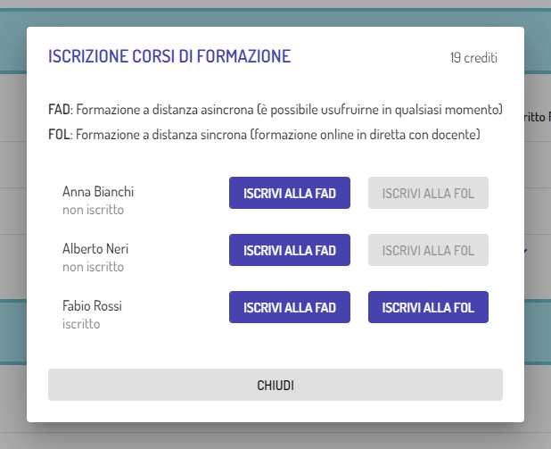 La schermata mostra vari utenti operatori e il controllo a fianco di essi: Iscrivi alla FAD o Iscrivi alla FOL