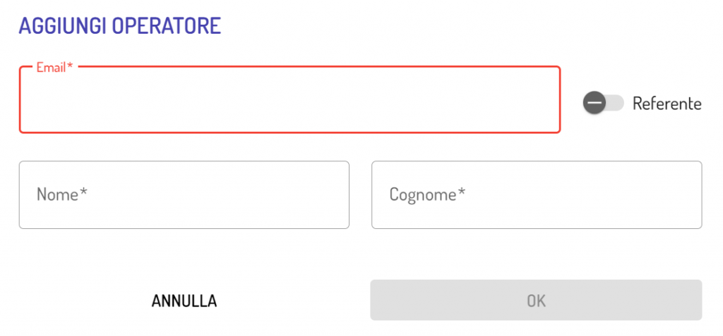 Il modulo Aggiungi operatore de "il Mondo degli Elli" ha il campo per nome, consognome , e-mail e la possibilità di scegliere se è referente oppure no