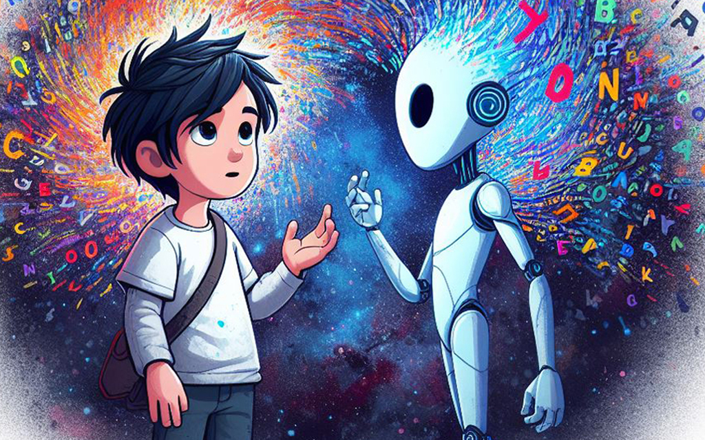 Immagine generata da Intelligenza Artificiale in cui un bambino guarda con stupore e speranza un robot che gli tende la mano su uno sfondo di stelle, lettere e numeri