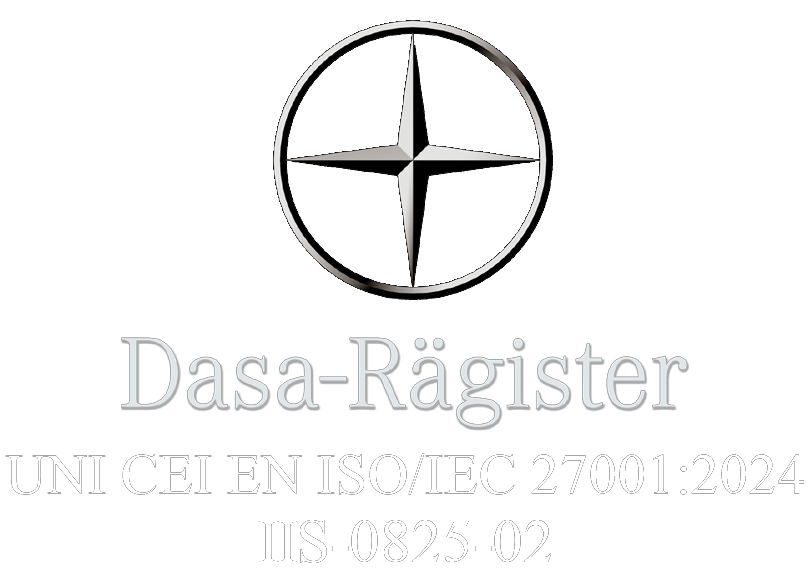 Logo certificazione Dasa-Rägister UNI CEI EN ISO/IEC 27001:2024. Numero di certificato IIS-0825-02