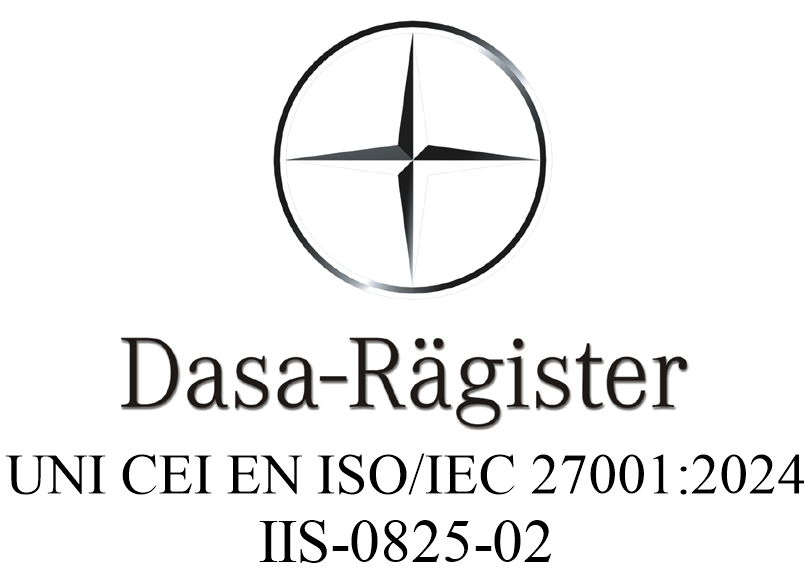Logo certificazione Dasa-Rägister UNI CEI EN ISO/IEC 27001:2024. Numero di certificato IIS-0825-02