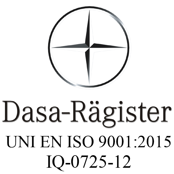 Logo certificazione Dasa-Rägister UNI EN ISO/IEC 9001:2015. Numero di certificato IQ-0725-12