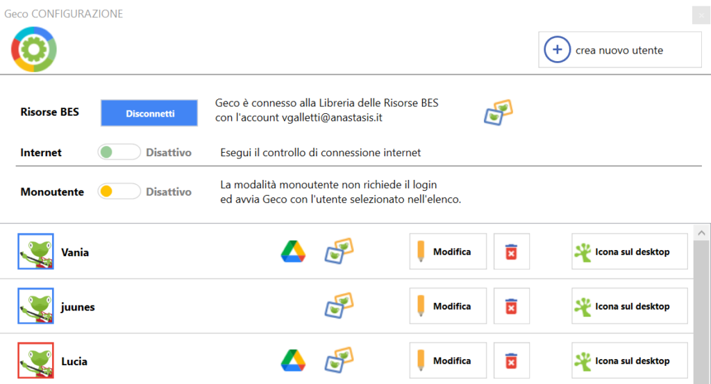 Schermata che mostra il menù configurazione di Geco, che permette di personalizzare i vari utenti