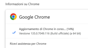 Esempio di indicazione di aggiornamento in corso. La finestra recita: "Aggiornamento in corso... (14%)". Poi è indicato il numero della versione