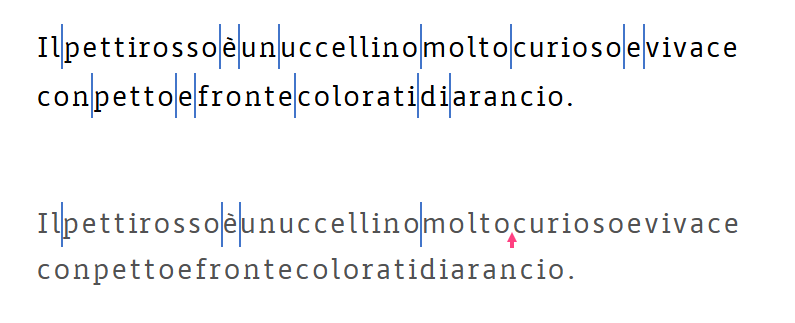 Esempio di prova Separazione di Parole: le parole sono tutte attaccate, come nella frase "Ilpettirossoèunuccellinomoltocurioso" e bisogna inserire delle barre fra una parola e l'altra per divederle in "Il - pettirosso - è - un - uccellino - molto - curioso"