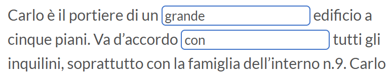 Esempio di prova "Cloze": viene riportato un pezzo del brano letto precedentemente "Carlo è il portiere di un (spazio bianco) edificio". Al posto dello spazio bianco, l'utente può inserire una parola, per esempio "grande".