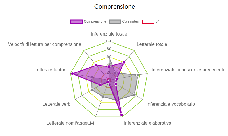 Esempio di grafico radar del profilo funzionale complessivo di RECOD nelle due dimensioni "comprensione" e "scrittura" in tutti i fattori che le costituiscono.