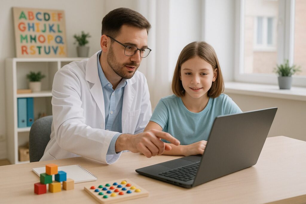 Clinico seduto insieme ad una bambina che guardano insieme il pc sul tavolo