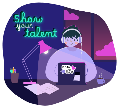 Immagine di ragazza che studia al computer con le cuffie, in ambiente rilassato stile lo-fi. Alla parete c'è una scritta al neon "Show your talent". Sul portatile c'è un adesivo con la scritta "resta nel flow".