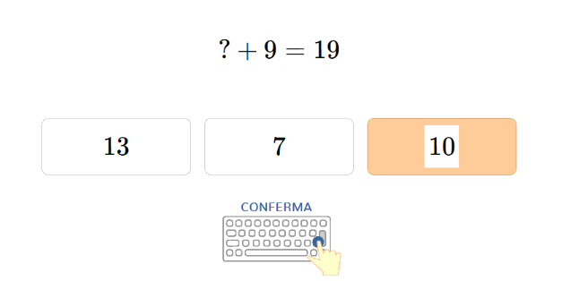 Nell'esempio c'è l'operazione "7+?=19". L'utente deve cliccare sul numero giusto da inserire al posto di "?", scegliendo fra 13, 7 e 10, e poi premere INVIO.