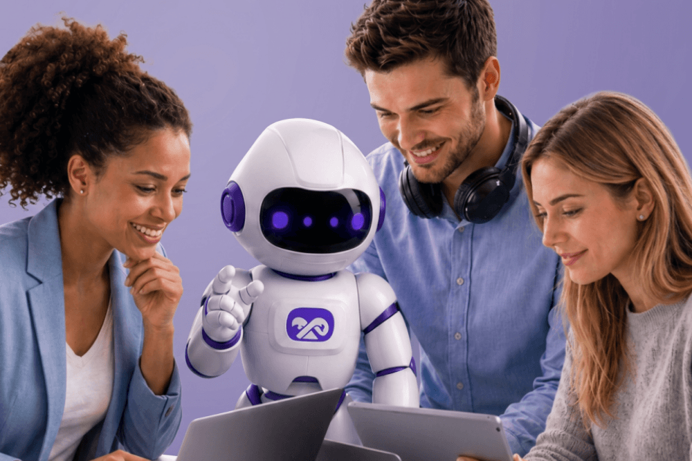 Tre adulti sorridenti attorno a un robot AI bianco e viola, intenti a lavorare insieme su laptop e tablet.