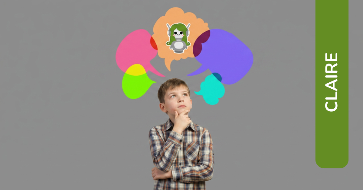 Bambino pensieroso con fumetti colorati sopra la testa, tra cui il personaggio Claire, evocando pensiero, domande e supporto dell'AI