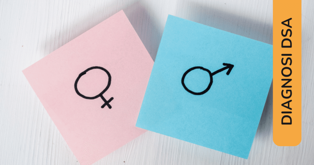 Post-it rosa con simbolo femminile e azzurro con simbolo maschile. Etichetta laterale: “Diagnosi DSA”.