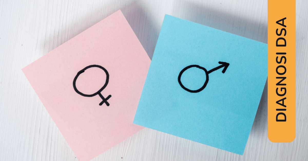 Post-it rosa con simbolo femminile e azzurro con simbolo maschile. Etichetta laterale: “Diagnosi DSA”.