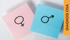 Post-it rosa con simbolo femminile e azzurro con simbolo maschile. Etichetta laterale: “Diagnosi DSA”.