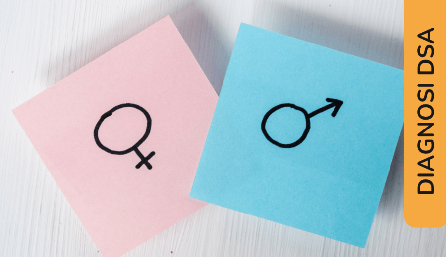 Post-it rosa con simbolo femminile e azzurro con simbolo maschile. Etichetta laterale: “Diagnosi DSA”.