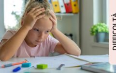Bambina con espressione frustrata, mani sulla testa, seduta davanti a fogli e matite. Etichetta laterale: "Difficoltà".