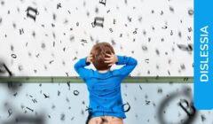 Bambino visto di spalle con le mani sulla testa, circondato da lettere dell'alfabeto che cadono. Etichetta laterale: "Dislessia".