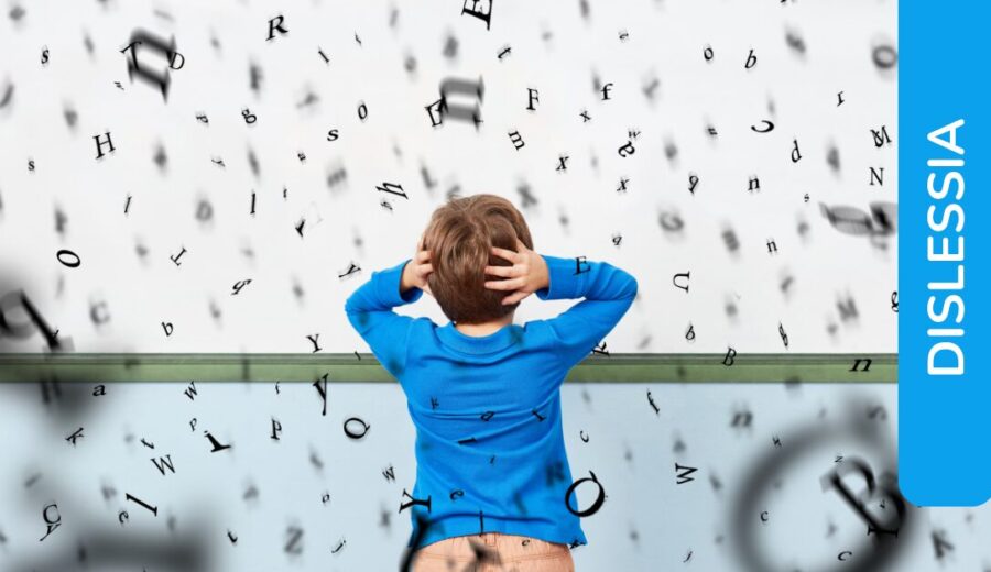 Bambino visto di spalle con le mani sulla testa, circondato da lettere dell'alfabeto che cadono. Etichetta laterale: "Dislessia".