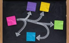 L'immagine mostra una lavagna di ardesia nera, con una cornice di legno chiaro, sulla quale è stato disegnato a gesso un complesso diagramma ramificato. Il disegno presenta una serie di frecce interconnesse che illustrano percorsi multipli e opzioni, simili a un diagramma decisionale o a una mappa concettuale dei processi.