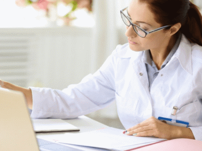 Professionista sanitaria in camice bianco davanti a un laptop, con penna in mano e documenti sul tavolo.