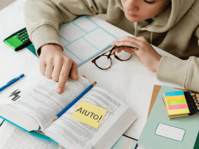 Ragazzo chino sui libri con un post-it giallo scritto "Aiuto!", occhiali in mano e materiale scolastico sul tavolo.